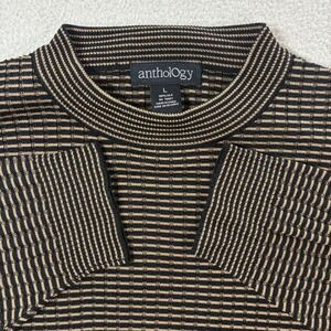 Anthology Silk Sweater Mens Large Black Brown Striped Knit Mock Neck Long Sleeve